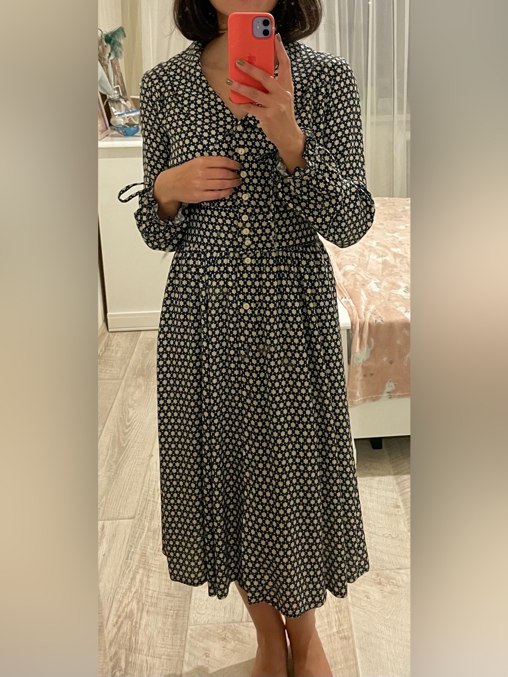 Navy Blue and Cream Patterned Dress - Size S